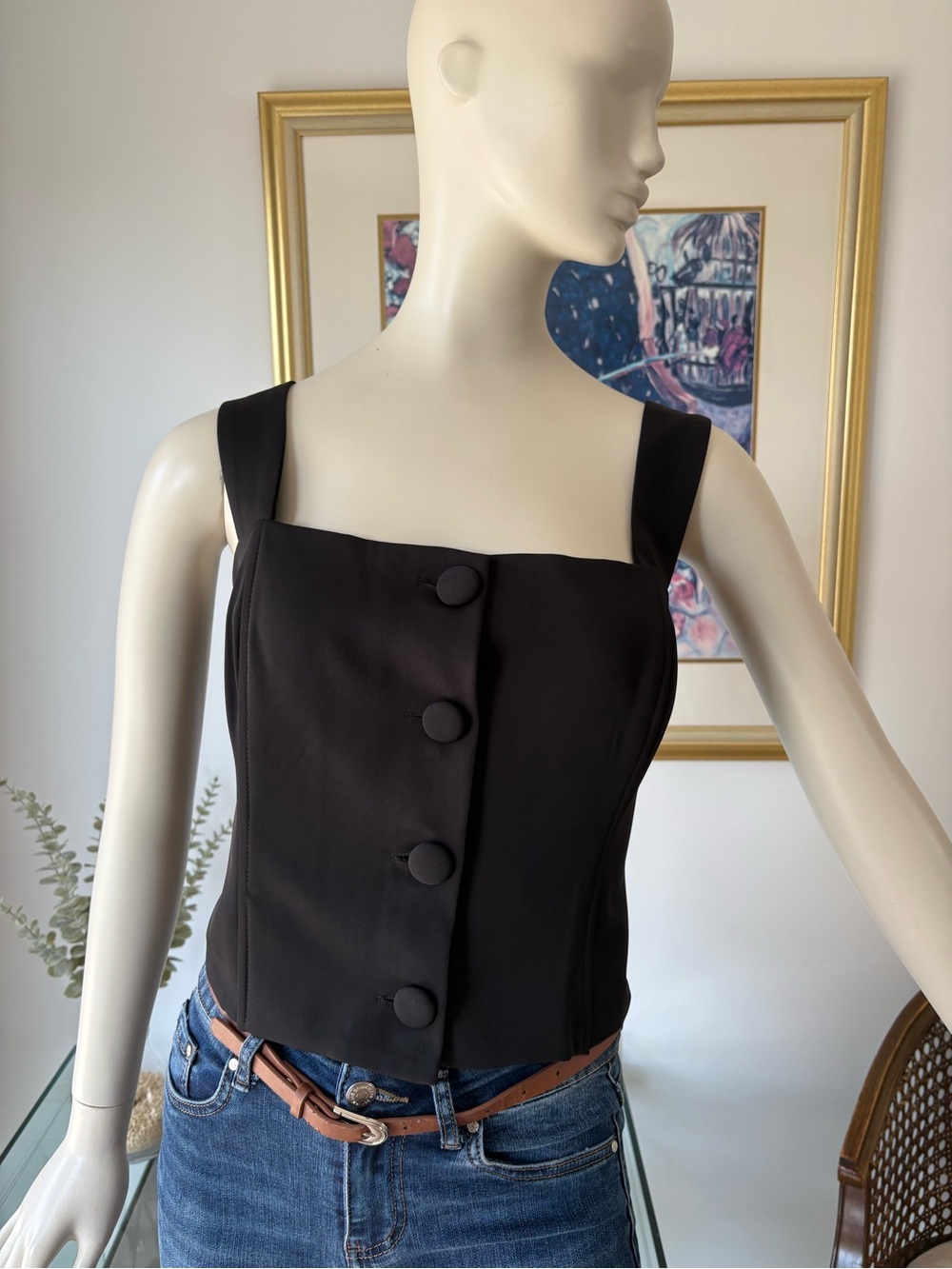Ina Black Square-Neck Crop Top with Covered Buttons
